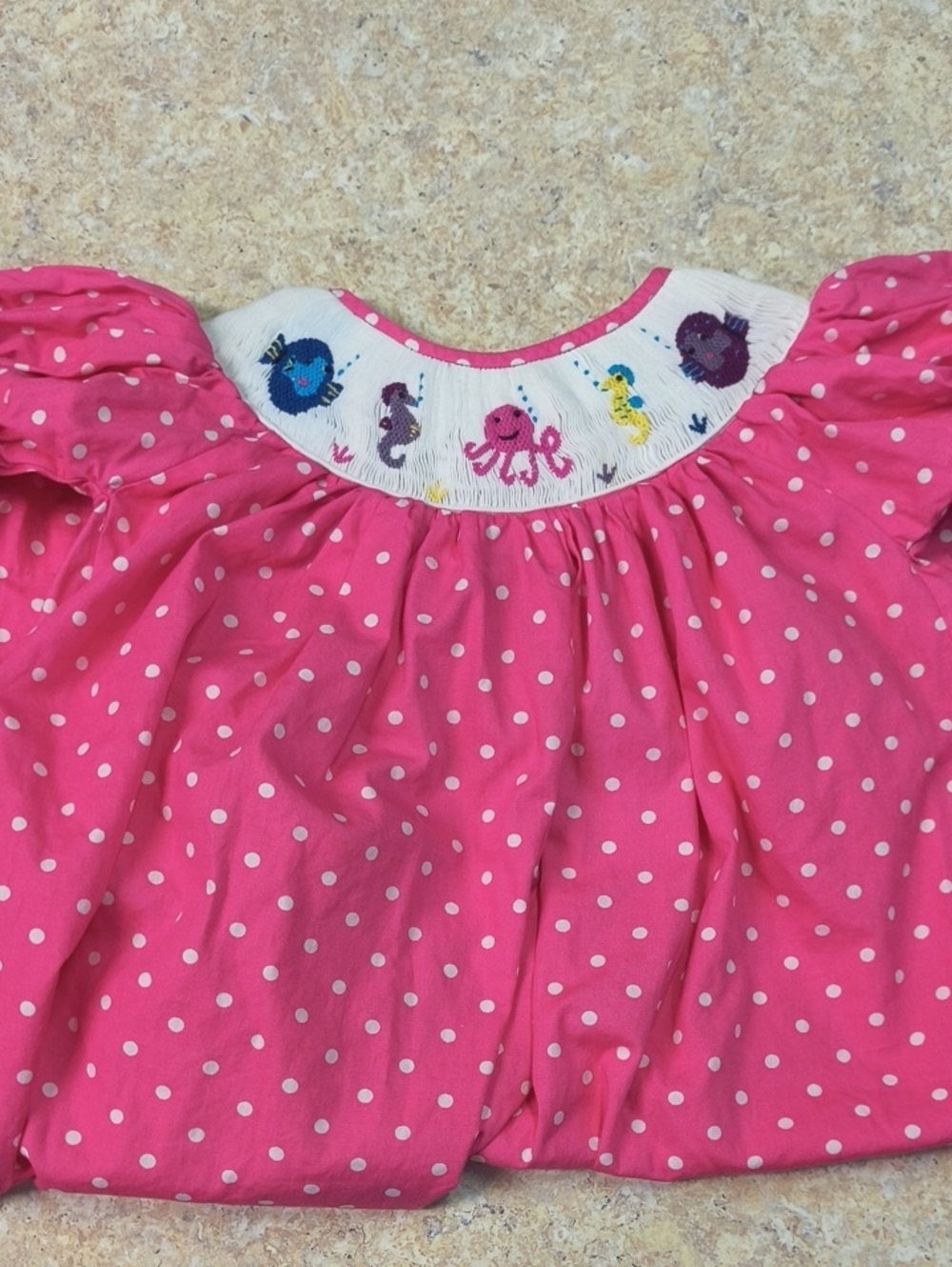 Pink Polka Dot Smocked Dresswith Sea Creature Embroidery Sz 4 GUC.